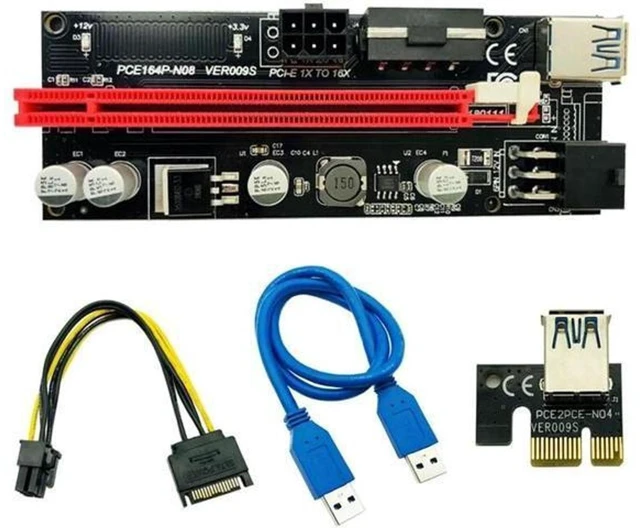 Alt view image 4 of 6 - Ver009S PCI-E Riser Adapter Card USB 3.0 Extender Board 1X 4X 8X 16X with SATA 15Pin to 6 Pin Power Cable 4Pin and 6Pin Connectors Gold Plated Contacts LED Indicators Solid Capacitors 6Pcs