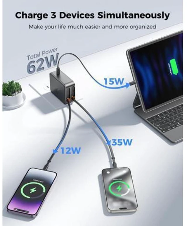 Alt view image 7 of 7 - Retractable Wall Charger 62W with Dual Charging Cables 3-Port USB Charger Block 35W USB-C Fast Charging Power Adapter For iPhone 16/15/14/13/12/11 Series iPad Samsung Galaxy Tablets
