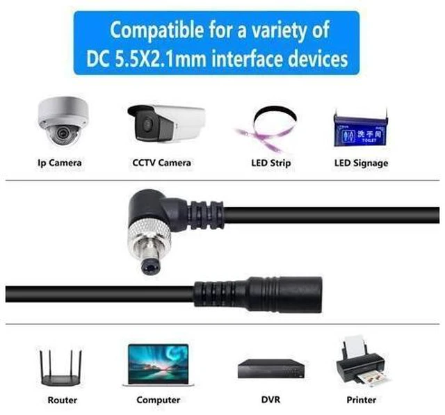 Alt view image 7 of 7 - DC Extension Cable 5.5mm x 2.1mm 90 Degree Right Angle Power Extension Wire Male to Female Cable with Lock Nut For 12V Power Adapter and CCTV Security Camera 2 Pack 0.5M/1.65FT