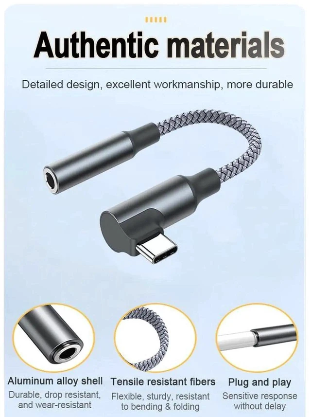 Alt view image 2 of 7 - 90 Degree Braided USB-C to 3.5mm Headphone Jack Adapter Right Angle Type-C AUX Audio Dongle with Stereo Sound and Inline Control For iPhone 15/16 Pro Samsung S23 Ultra Note20 and iPad Pro