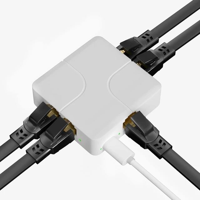 Main image of 4 Port Gigabit Ethernet Splitter 5 RJ45 Network Adapter with USB Power Cable 1 Input 4 Output Ethernet Switch 1000Mbps High Speed Data Transfer for Cat5/Cat5e/Cat6/Cat7/Cat8 Cables Plug and Play