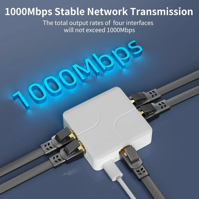 Alt view image 3 of 7 - 4 Port Gigabit Ethernet Splitter 5 RJ45 Network Adapter with USB Power Cable 1 Input 4 Output Ethernet Switch 1000Mbps High Speed Data Transfer for Cat5/Cat5e/Cat6/Cat7/Cat8 Cables Plug and Play