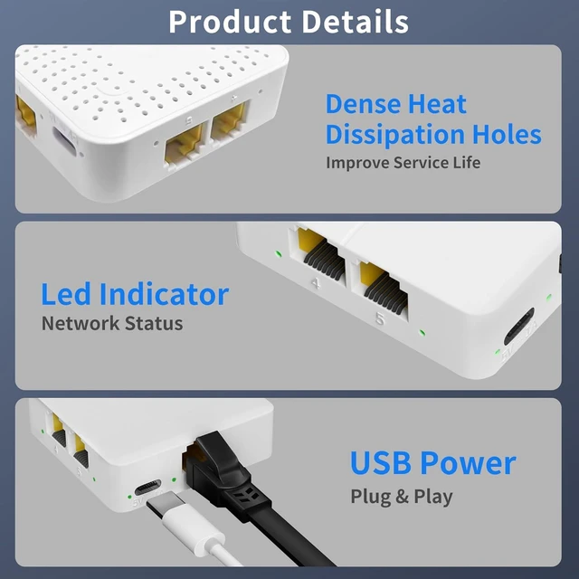 Alt view image 5 of 7 - 4 Port Gigabit Ethernet Splitter 5 RJ45 Network Adapter with USB Power Cable 1 Input 4 Output Ethernet Switch 1000Mbps High Speed Data Transfer for Cat5/Cat5e/Cat6/Cat7/Cat8 Cables Plug and Play