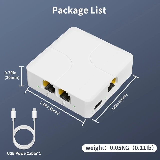 Alt view image 7 of 7 - 4 Port Gigabit Ethernet Splitter 5 RJ45 Network Adapter with USB Power Cable 1 Input 4 Output Ethernet Switch 1000Mbps High Speed Data Transfer for Cat5/Cat5e/Cat6/Cat7/Cat8 Cables Plug and Play