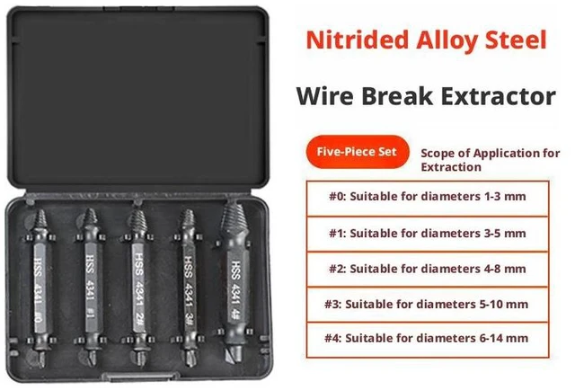 Main image of Double-End Screw Extractor Set 4341 High Speed Steel Nitride Black Broken Bolt Remover Tool Kit for Stripped Slipped Damaged Rusted and Stuck Screws and Bolts Fluted Grip Design