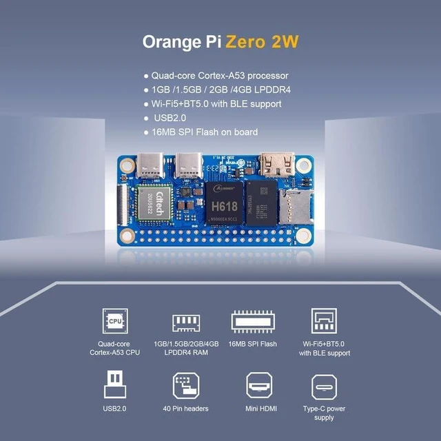 Alt view image 5 of 7 - Orange Pi Zero 2W 2GB LPDDR4 Single Board Computer Allwinner H618 Quad-Core Cortex-A53 Development Board 16MB SPI Flash Wi-Fi 5 & Bluetooth 5.0 Micro HDMI Android 12 TV/Debian/Ubuntu