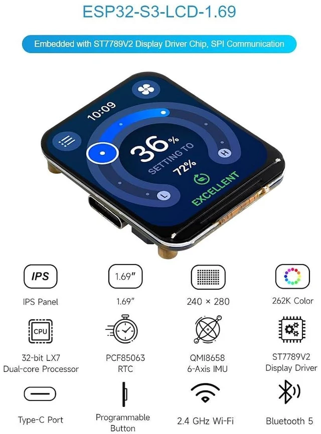 Alt view image 2 of 7 - ESP32-S3-LCD-1.69 Development Board 1.69inch IPS LCD Display 240x280 262K Color Micro Screen ST7789V2 SPI Communication Wi-Fi Bluetooth 5 LE Accelerometer Gyroscope Sensor