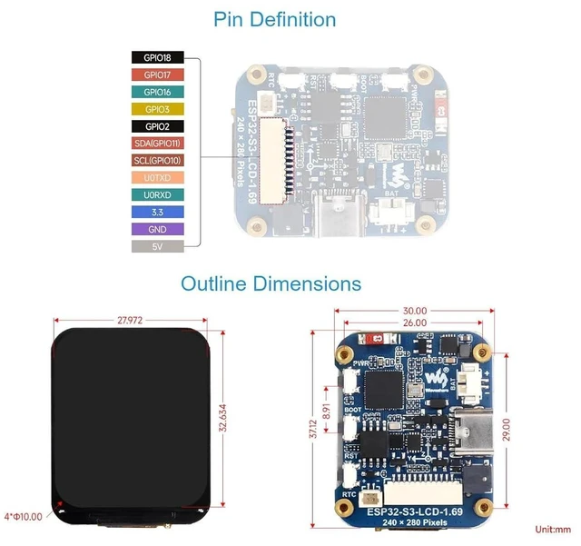 Alt view image 6 of 7 - ESP32-S3-LCD-1.69 Development Board 1.69inch IPS LCD Display 240x280 262K Color Micro Screen ST7789V2 SPI Communication Wi-Fi Bluetooth 5 LE Accelerometer Gyroscope Sensor