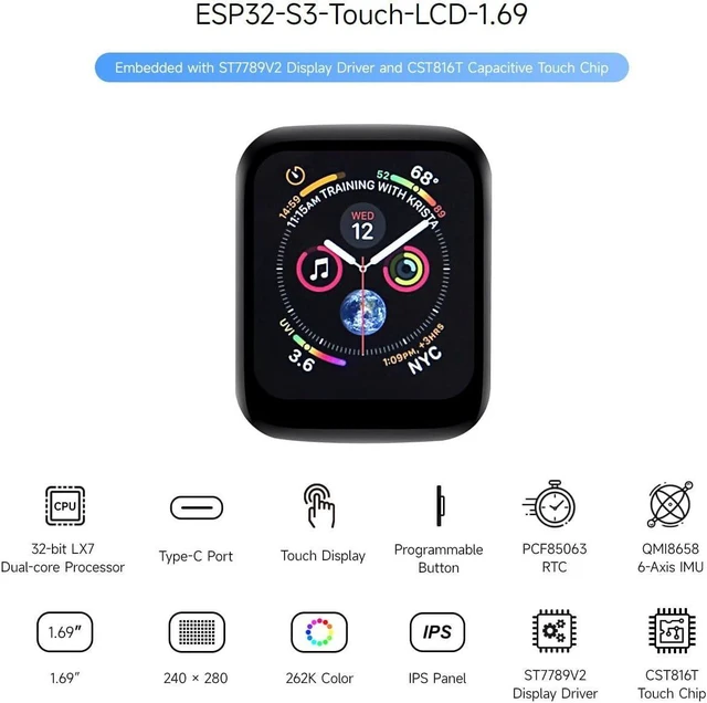 Alt view image 3 of 6 - ESP32-S3 Development Board with 1.69inch Capacitive Touch Display 240x280 Pixels 262K Color Micro LCD 2.4GHz Wi-Fi Bluetooth 5 LE 6-Axis IMU 8MB PSRAM and 16MB Flash