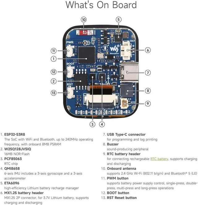 Alt view image 5 of 6 - ESP32-S3 Development Board with 1.69inch Capacitive Touch Display 240x280 Pixels 262K Color Micro LCD 2.4GHz Wi-Fi Bluetooth 5 LE 6-Axis IMU 8MB PSRAM and 16MB Flash