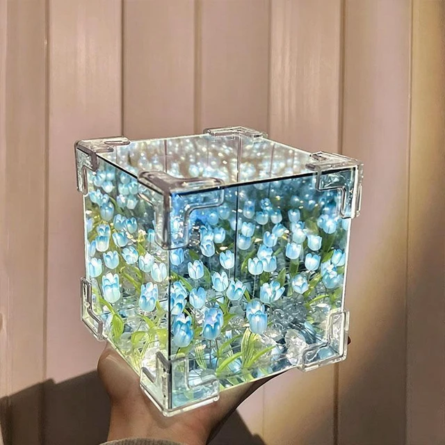 Main image of DIY Tulip Flower Sea Night Light 3D Magic Cube Mirror Lamp Handmade Floral Light Decor Soft Warm Desktop Tabletop Ornament for Bedroom Living Room Shelf Romantic Gift for Couples