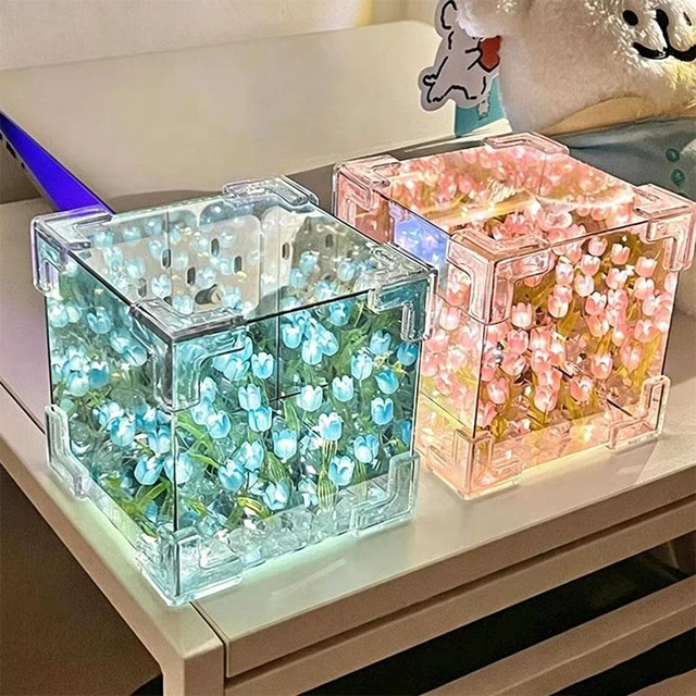 Alt view image 2 of 3 - DIY Tulip Flower Sea Night Light 3D Magic Cube Mirror Lamp Handmade Floral Light Decor Soft Warm Desktop Tabletop Ornament for Bedroom Living Room Shelf Romantic Gift for Couples