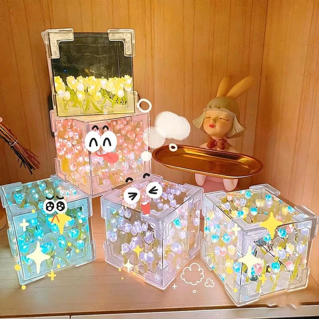 Alt view image 3 of 3 - DIY Tulip Flower Sea Night Light 3D Magic Cube Mirror Lamp Handmade Floral Light Decor Soft Warm Desktop Tabletop Ornament for Bedroom Living Room Shelf Romantic Gift for Couples