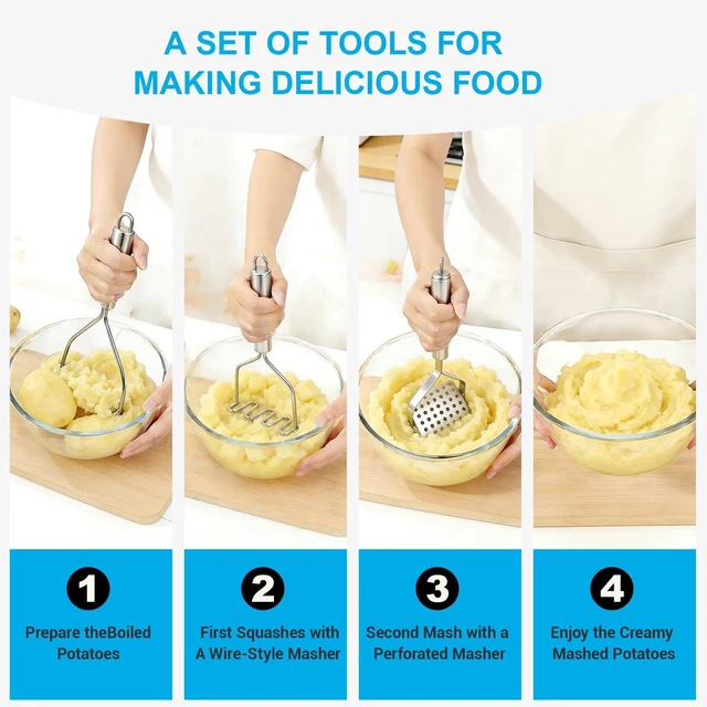 Alt view image 5 of 6 - Stainless Steel Potato Masher Set 2 Pack Dual-Style Kitchen Masher Tools with Ergonomic Handles Vegetable Masher for Beans Avocado Fruit and Puree Silver