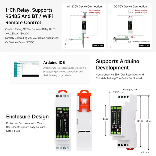 Alt view image 6 of 7 - ESP32-S3 1-Channel Relay Module Industrial Wi-Fi/Bluetooth 5 LE Control Board with Onboard RS485 10A 250VAC/30VDC USB Type-C Optocoupler and Digital Isolation Rail-Mount Enclosure