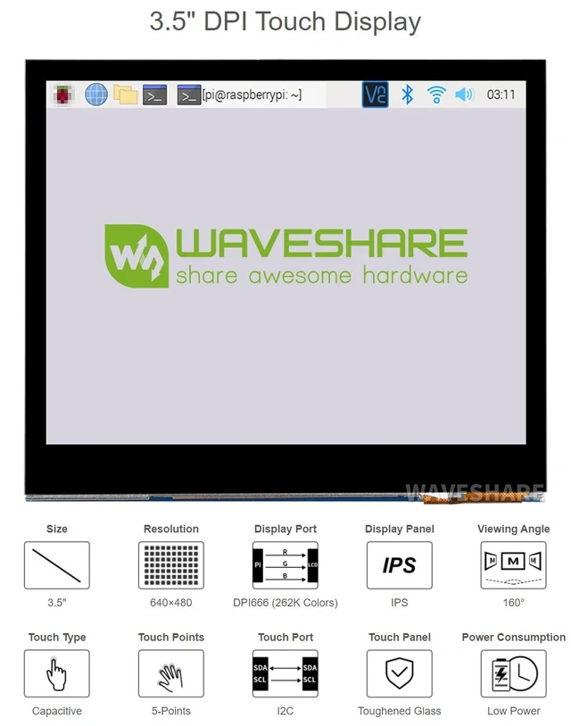 Alt view image 3 of 7 - 3.5inch IPS LCD Display 640x480 DPI666 GPIO Touchscreen Monitor 5-Point Capacitive Touch Panel I2C Interface 60Hz Refresh Rate Toughened Glass Cover For Raspberry Pi 5/4B/3B