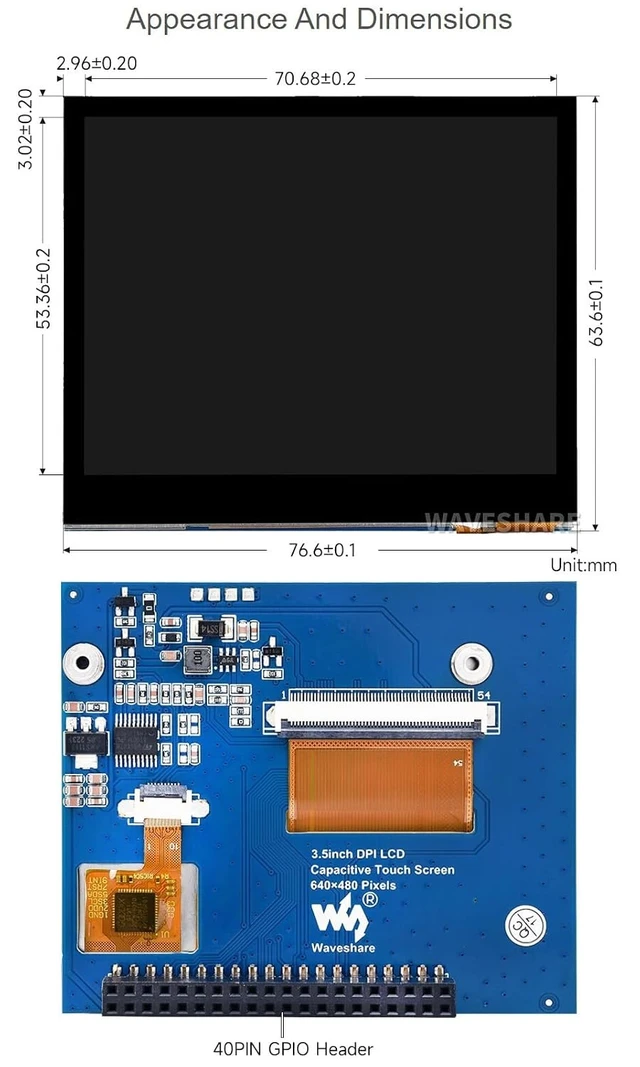 Alt view image 7 of 7 - 3.5inch IPS LCD Display 640x480 DPI666 GPIO Touchscreen Monitor 5-Point Capacitive Touch Panel I2C Interface 60Hz Refresh Rate Toughened Glass Cover For Raspberry Pi 5/4B/3B
