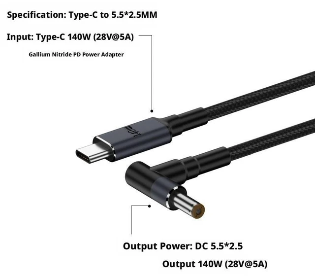 Main image of 140W 28V 5A Type-C to DC 5525 PD Fast Charging Cable 5.5x2.5mm DC Power Charger Cord with E-Mark Chip High Power Laptop Charging Lead for DELL Laptops Brown 1.8M