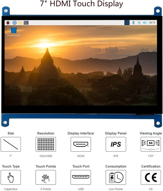 Alt view image 2 of 7 - 7-inch HDMI LCD IPS Capacitive Touchscreen Monitor 1024x600 Display with 5-Point Touch Driver-Free for Windows 10/8.1/8/7 Compatible with Raspberry Pi 5/4B/3B+/3B/Pi Zero W/Zero 2W