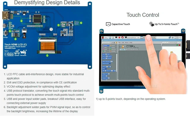 Alt view image 3 of 7 - 7-inch HDMI LCD IPS Capacitive Touchscreen Monitor 1024x600 Display with 5-Point Touch Driver-Free for Windows 10/8.1/8/7 Compatible with Raspberry Pi 5/4B/3B+/3B/Pi Zero W/Zero 2W