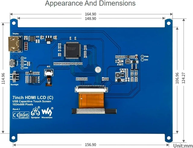 Alt view image 7 of 7 - 7-inch HDMI LCD IPS Capacitive Touchscreen Monitor 1024x600 Display with 5-Point Touch Driver-Free for Windows 10/8.1/8/7 Compatible with Raspberry Pi 5/4B/3B+/3B/Pi Zero W/Zero 2W