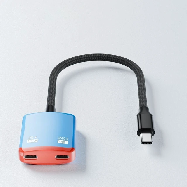 Alt view image 5 of 6 - USB-C Male to Dual USB-C Female Adapter PD 100W Fast Charging Converter 8K@60Hz Video Output USB2.0 Data Transfer Splitter Simultaneous Charging and Screen Mirroring Red & Blue