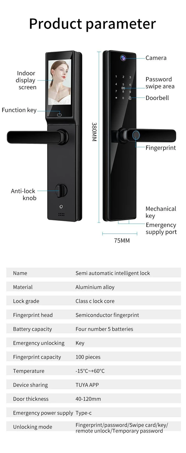 Alt view image 7 of 7 - Smart Door Lock with Camera 4.5 Inch Screen BT Keyless Entry Door Lock Fingerprint Password Card Mechanical Key Unlock TY APP Remote Viewing Intercom for 40-120mm Office Home Bedroom Doors