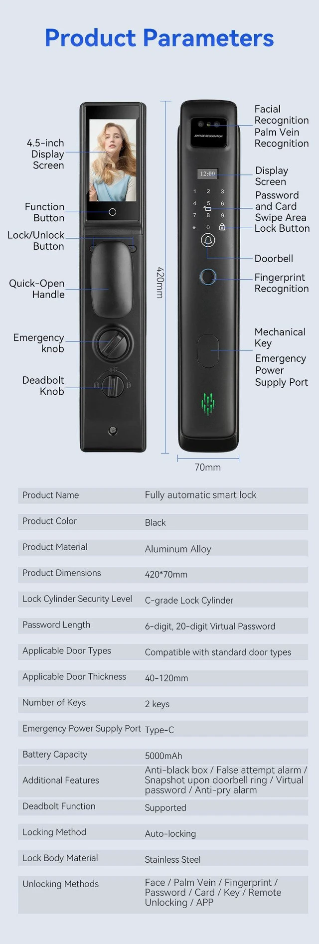 Alt view image 7 of 7 - Smart WiFi Door Lock with HD Camera and Video Doorbell Fingerprint Deadbolt with 3D Face Recognition Palm Vein PIN RFID Card 8-in-1 Access Voice & Remote Control Compatible with Google Assistant