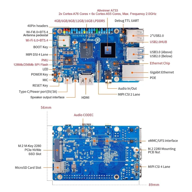 Alt view image 4 of 7 - Orange Pi 4 Pro 6GB LPDDR5 Single Board Computer 8-Core 64-Bit Allwinner A733 2.0GHz 3 TOPS NPU WiFi 6 & Bluetooth 5.4 4K HDMI 2.0 Gigabit Ethernet Android Linux Mini PC
