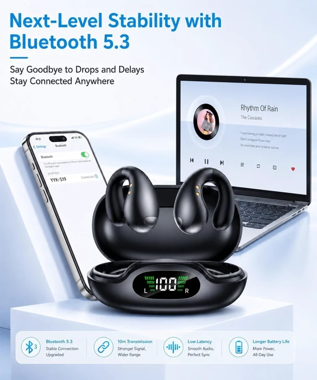 Alt view image 6 of 7 - Ultra Open Ear Earbuds - Comfortable Clip-On Bone Conduction Earbuds, Over-The-Ear Open Headphones with Waterproof Build for Running, Gym Workouts, and Outdoor Sports, Shadow Black