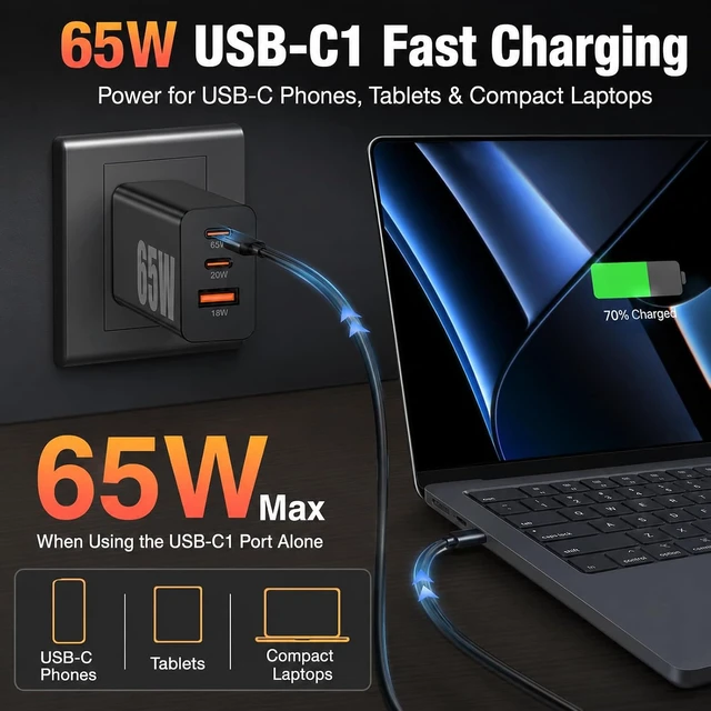 Alt view image 4 of 7 - 65W Super Fast Charger PD3.0&6/10FT USBC Cable for Galaxy S26 Ultra