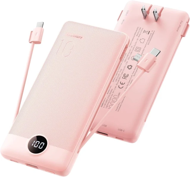 Main image of Portable Charger Built-in Cables and Wall Plug, 10000mAh Slim USB C Power Bank, LED Display External Battery Pack Compatible with iPhone/Android & More (Pink)