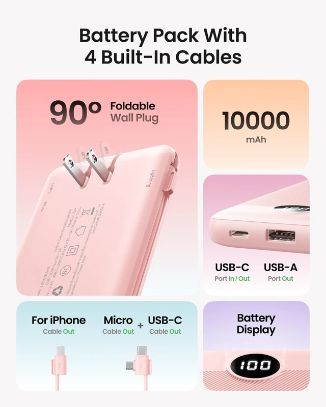 Alt view image 2 of 7 - Portable Charger Built-in Cables and Wall Plug, 10000mAh Slim USB C Power Bank, LED Display External Battery Pack Compatible with iPhone/Android & More (Pink)