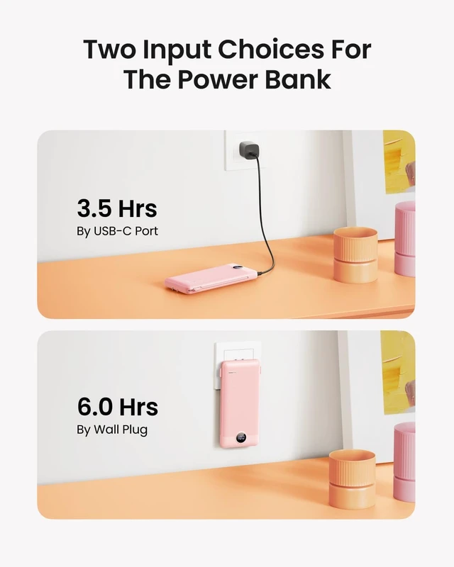 Alt view image 3 of 7 - Portable Charger Built-in Cables and Wall Plug, 10000mAh Slim USB C Power Bank, LED Display External Battery Pack Compatible with iPhone/Android & More (Pink)