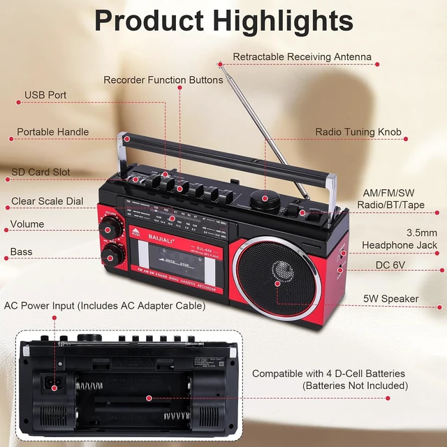Alt view image 4 of 7 - Portable Cassette Player with AM/FM/SW Radio & BT