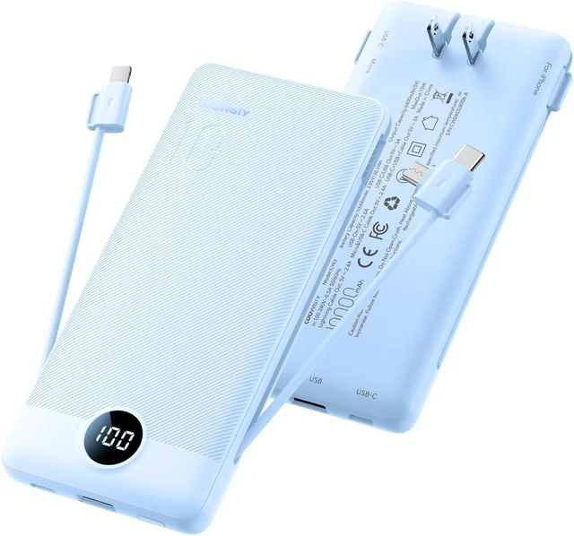 Main image of Portable Charger Built-in Cables and Wall Plug, 10000mAh Slim USB C Power Bank, LED Display External Battery Pack Compatible with iPhone/Android & More (Blue)