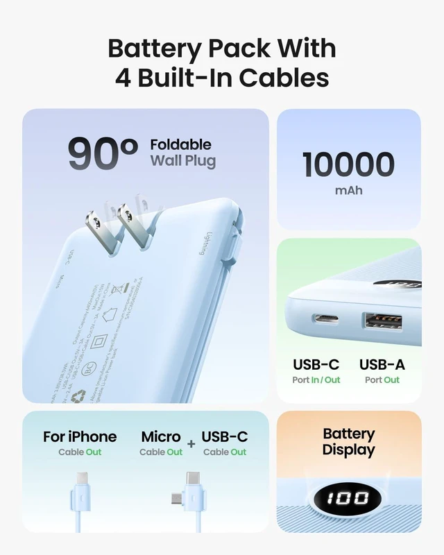 Alt view image 2 of 7 - Portable Charger Built-in Cables and Wall Plug, 10000mAh Slim USB C Power Bank, LED Display External Battery Pack Compatible with iPhone/Android & More (Blue)