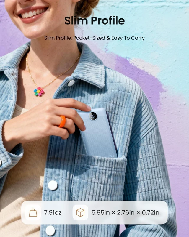 Alt view image 4 of 7 - Portable Charger Built-in Cables and Wall Plug, 10000mAh Slim USB C Power Bank, LED Display External Battery Pack Compatible with iPhone/Android & More (Blue)
