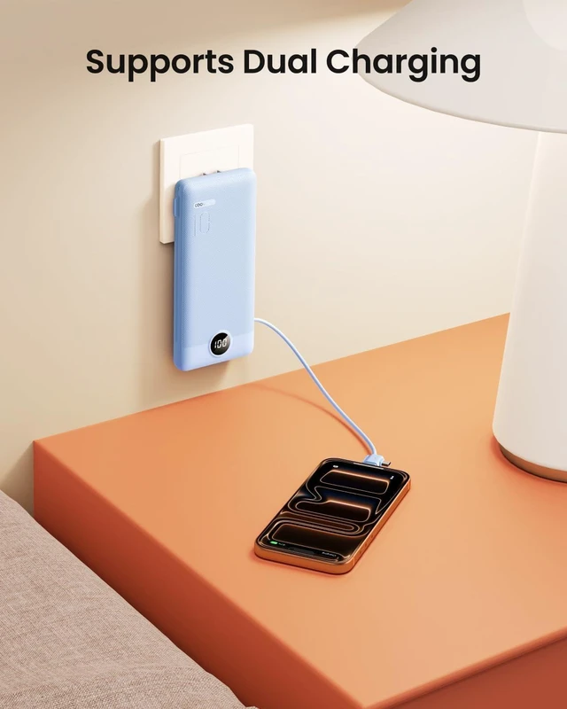 Alt view image 5 of 7 - Portable Charger Built-in Cables and Wall Plug, 10000mAh Slim USB C Power Bank, LED Display External Battery Pack Compatible with iPhone/Android & More (Blue)