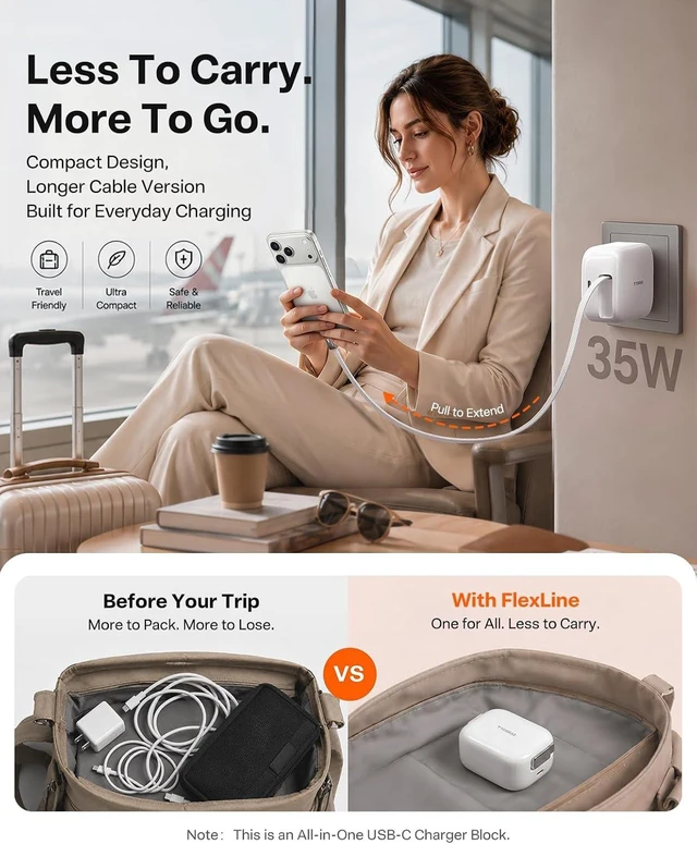 Alt view image 2 of 7 - FlexLine 35W USB C Charger, Dual-Port GaN Retractable Charger