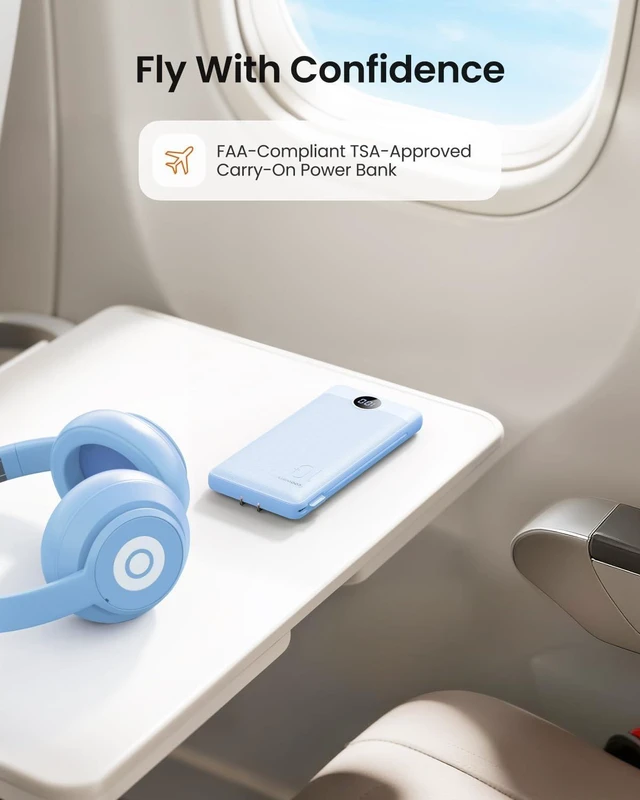 Alt view image 7 of 7 - Portable Charger Built-in Cables and Wall Plug, 10000mAh Slim USB C Power Bank, LED Display External Battery Pack Compatible with iPhone/Android & More (Blue)