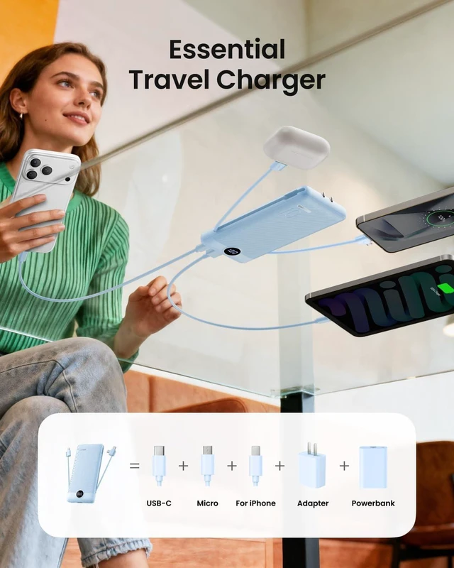 Alt view image 6 of 7 - Portable Charger Built-in Cables and Wall Plug, 10000mAh Slim USB C Power Bank, LED Display External Battery Pack Compatible with iPhone/Android & More (Blue)