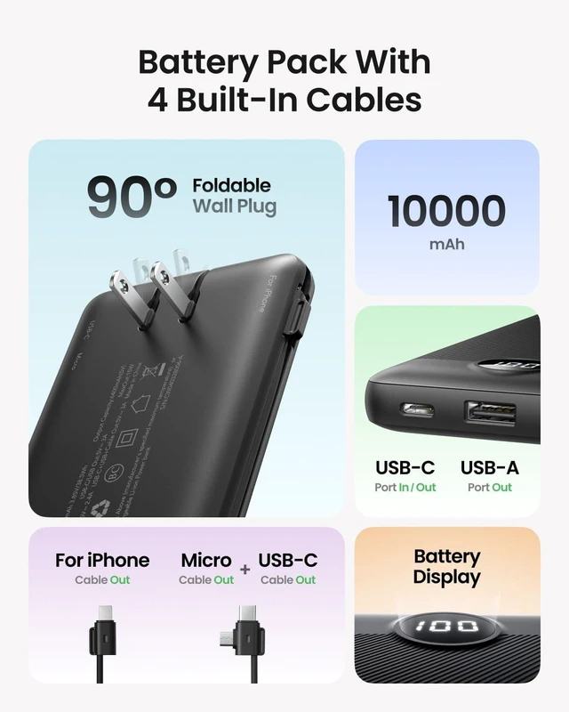 Alt view image 2 of 7 - Portable Charger with Wall Plug, Slim USB C Power Bank with Built-in Cables, 10000mah LED Display External Battery Pack Compatible with iPhone/Android & More (Black)