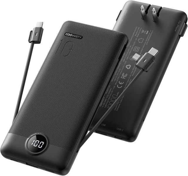 Main image of Portable Charger with Wall Plug, Slim USB C Power Bank with Built-in Cables, 10000mah LED Display External Battery Pack Compatible with iPhone/Android & More (Black)