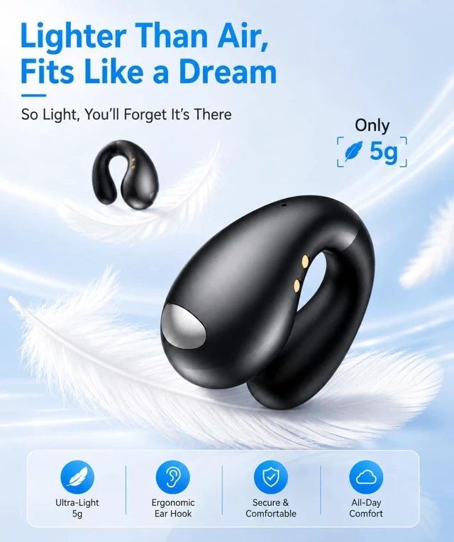Alt view image 4 of 7 - Ultra Open Ear Earbuds - Comfortable Clip-On Bone Conduction Earbuds, Over-The-Ear Open Headphones with Waterproof Build for Running, Gym Workouts, and Outdoor Sports, Shadow Black