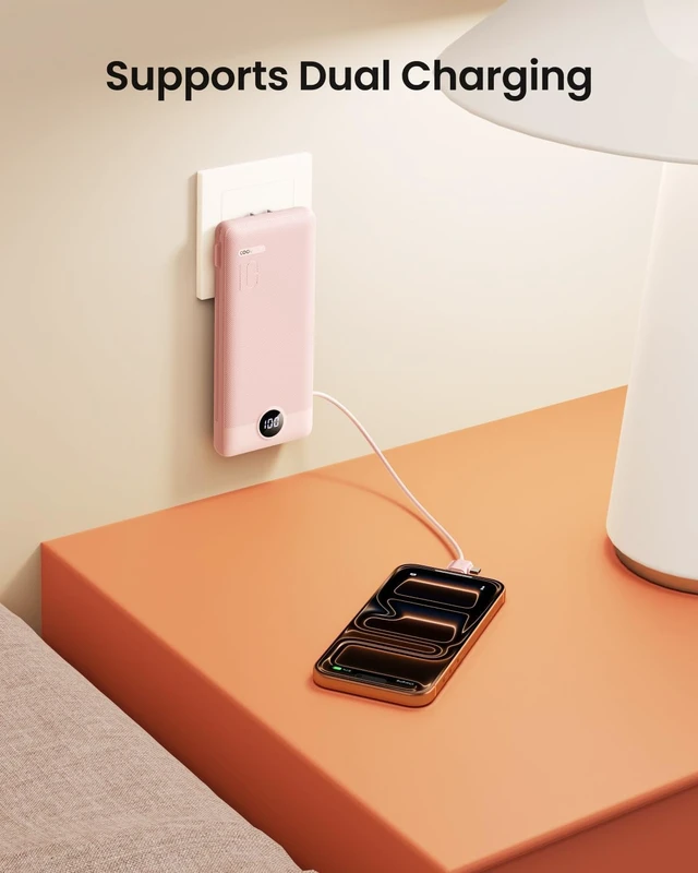 Alt view image 5 of 7 - Portable Charger Built-in Cables and Wall Plug, 10000mAh Slim USB C Power Bank, LED Display External Battery Pack Compatible with iPhone/Android & More (Pink)