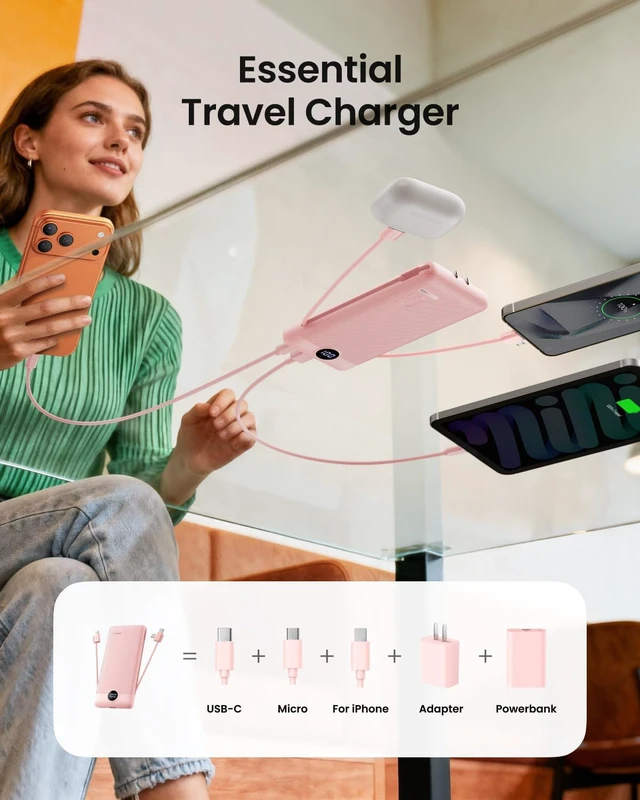 Alt view image 6 of 7 - Portable Charger Built-in Cables and Wall Plug, 10000mAh Slim USB C Power Bank, LED Display External Battery Pack Compatible with iPhone/Android & More (Pink)