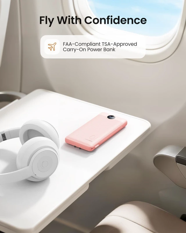 Alt view image 7 of 7 - Portable Charger Built-in Cables and Wall Plug, 10000mAh Slim USB C Power Bank, LED Display External Battery Pack Compatible with iPhone/Android & More (Pink)