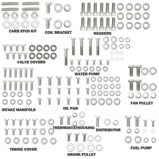 Alt view image 2 of 5 - Stainless Steel Small Block Engine Hex Bolt Kit for Chevy 265 283 302 305 307 327 350 400 SBC Engine (211 Pcs Nuts&Bolts)