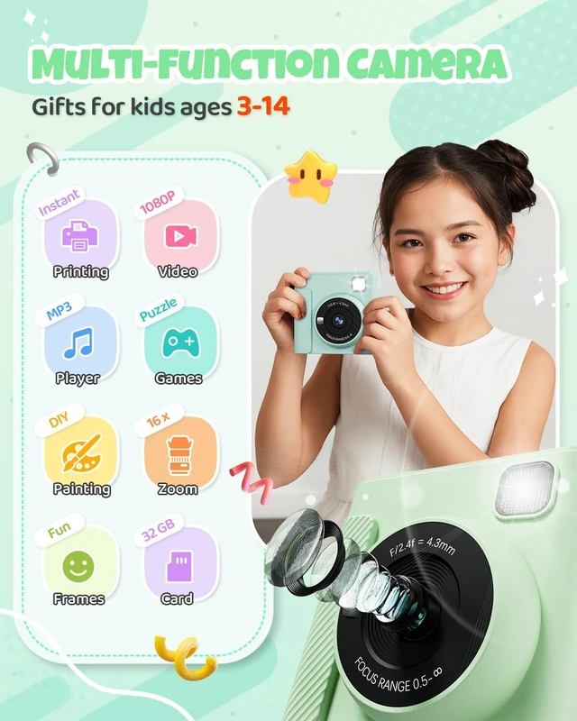 Alt view image 2 of 7 - Kids Instant Print Camera, 1080P HD Video Digital Toy, Green